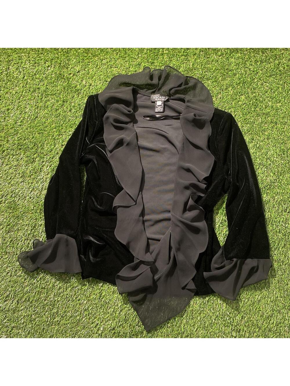 Vintage 90’s Xscape Black velvet and satin ruffle blouse